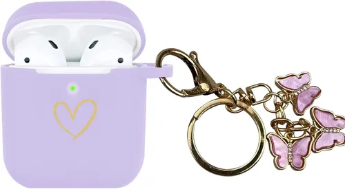 Miniatura 11 de Funda compatible con AirPods, funda de silicona suave con patrón de corazón dorado para AirPods de 2 y 1 generación con bonito llavero de mariposa