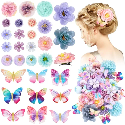Bencailor 30 pinzas para el cabello con flores y mariposas para mujer, accesorios realistas para cabeza de mariposa, pasadores de pelo coloridos Azul