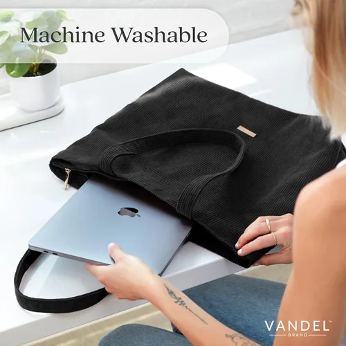 Miniatura 6 de VANDEL Bolso tote de pana para mujeres y hombres con cremallera y bolsillos interiores. Bolso tote con cremallera, bonita bolsa estética