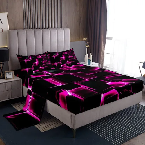 Miniatura 23 de Erosebridal Juego de sábanas de cama negro y rojo, juego de sábanas de tamaño individual abstracto moderno, sábanas a cuadros brillantes 3D, juego