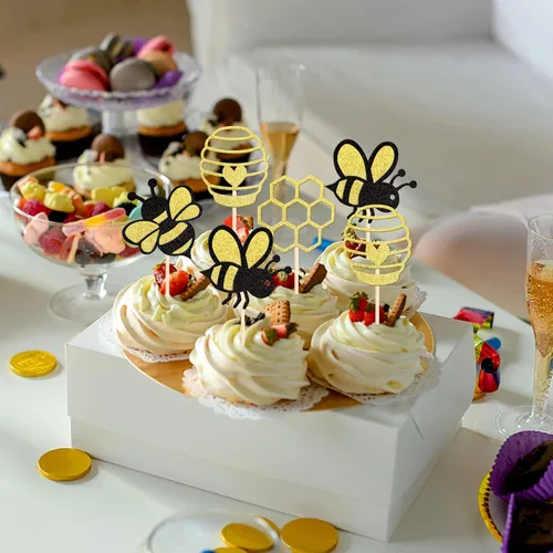 Miniatura 3 de 36 piezas de palillos decorativos para cupcakes de abejorros con corazones de purpurina y panal de abeja, decoraciones de pastel para baby shower