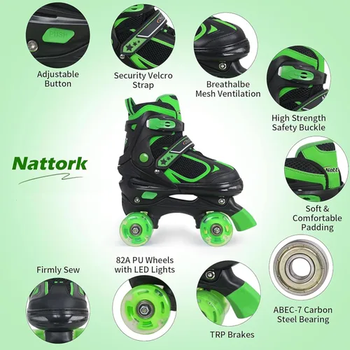 Miniatura 3 de Nattork - Patines de ruedas para niños y niñas, 4 tamaños, patines ajustables con ruedas iluminadas, divertidos patines para niños pequeños, Verde