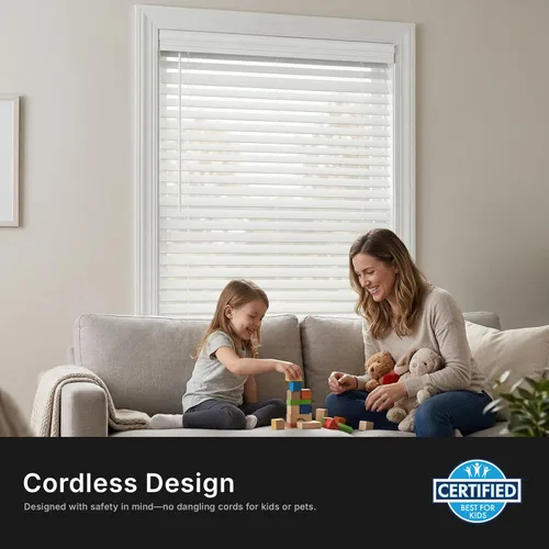 Miniatura 3 de Lumino - 2" Cordless Smooth Slat Faux Wood Window Blinds for Home - 29.5" W x 60" L - White, Faux Wood Blinds for Indoor Windows, Room Darkening