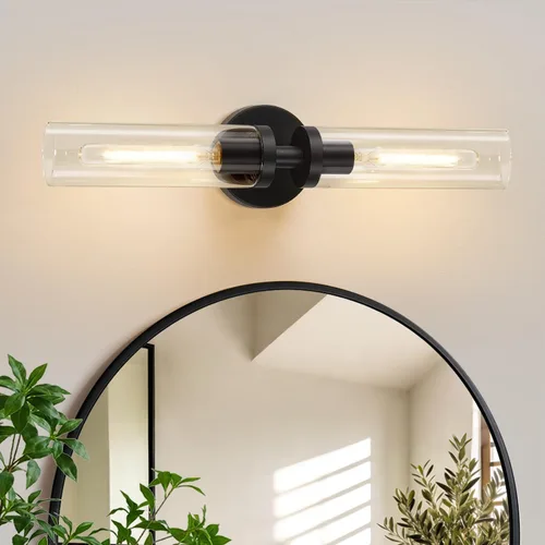 Miniatura 9 de Juego de 2 apliques de pared, apliques de baño de níquel cepillado cableados con vidrio transparente, apliques modernos para decoración de pared