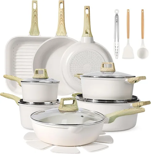 GiPP Juego de ollas y sartenes antiadherentes de granito blanco, utensilios de cocina de inducción antiadherentes, juego de sartenes de cocina no