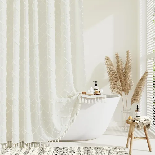 Miniatura 23 de Dynamene Cortina de ducha de tela de 36 x 72 pulgadas, diseño bohemio, geométrico, a rayas, para baño, juego de cortina de ducha estrecha gruesa