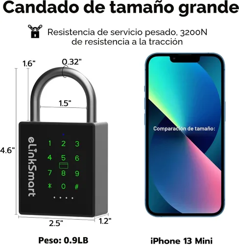 Miniatura 2 de eLinkSmart Candado inteligente resistente con llave, bloqueo de almohadilla con teclado de código, resistente a la intemperie, Bluetooth RFID