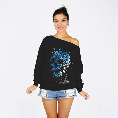 Miniatura 2 de Sudadera de manga larga con estampado de calabaza aterradora y hombros descubiertos para mujer