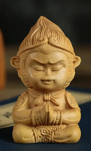 Miniatura 2 de Estatua tallada a mano del rey del mono del zodíaco Fengshui del mito natural de boj (Q Style 8 #)
