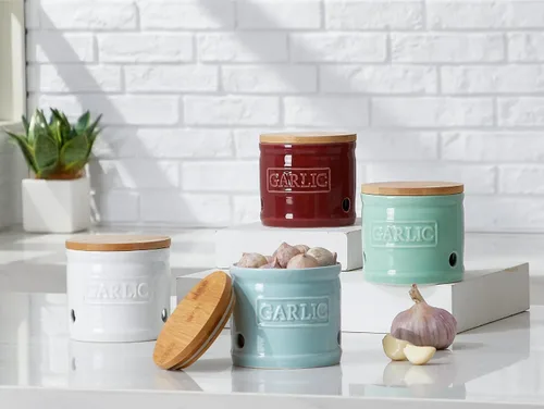 Miniatura 5 de ONEMORE Soporte de ajo con tapa, recipiente de ajo de cerámica de 4 pulgadas, azul claro
