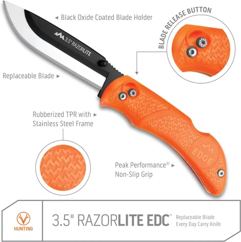 Miniatura 3 de Cuchillos Outdoor Edge RazorPro L de caza con cuchilla reemplazable de afeitar ultraafilada, mango naranja antideslizante TRP, funda para cinturón
