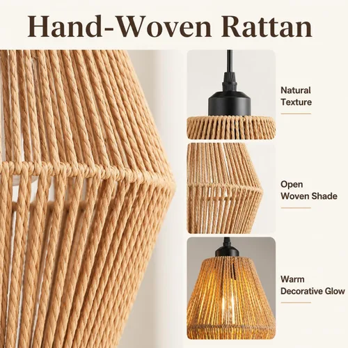 Miniatura 3 de Lámpara colgante de ratán de 3 luces, candelabro bohemio tejido a mano, lámpara colgante de mimbre, lámpara de cocina y comedor sobre mesa, luz