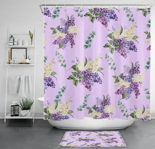 Miniatura 11 de EOBTAIN Cortina de ducha floral púrpura para baño, flores de acuarela y hojas de eucalipto verde sobre beige, cortina de ducha con 10 ganchos, juego