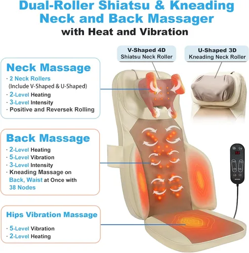 Miniatura 3 de Cojín de Masaje Shiatsu con Calor para Cuello y Espalda - Amasado 4D, Vibración y Diseño de Doble Cuello, Intensidad y Altura Ajustables, Ayuda