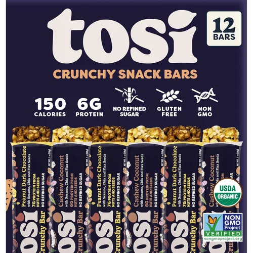 Miniatura 7 de Tosi Combo de barras de proteína de almendra y anacardo, a base de plantas con nueces, aperitivos crujientes sin gluten, veganas, orgánicas