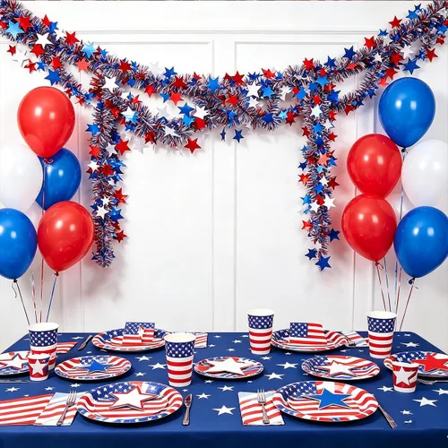 Miniatura 7 de 4th of July Red White Blue Star Tinsel Garland - 33 Ft Memorial Day Patriotic Decoration Independence Day Metallic Tree Fine Filament Garland