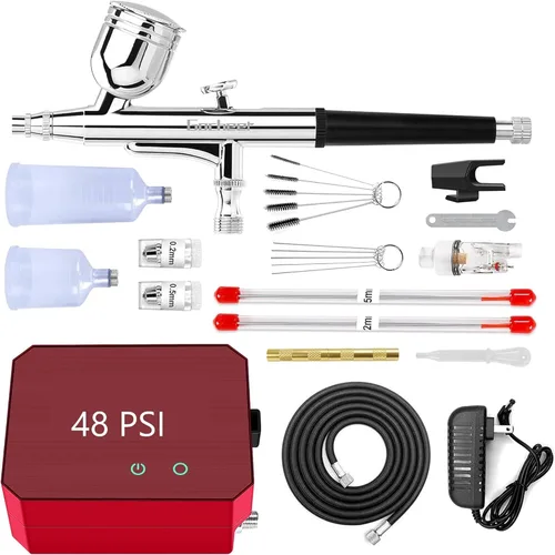 Gocheer Kit de Aerógrafo con Compresor de Aire, 40 48 PSI de Alta Presión, Pincel de Aire sin Obstrucciones con Boquilla de 0.2/0.3/0.5mm y Sets de