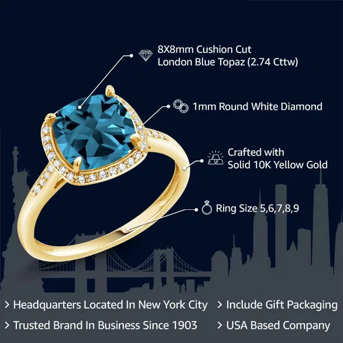 Miniatura 2 de Gem Stone King Anillo de compromiso de oro amarillo de 10 quilates con topacio azul Londres y diamantes para mujer