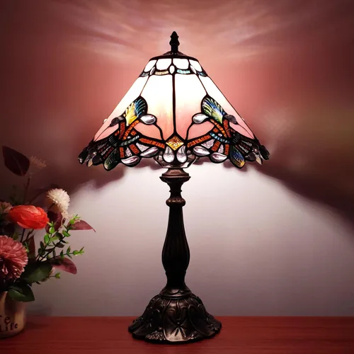 Lámpara Tiffany de Vidrio Emplomado Lámpara de 3 Vías Estilo Tiffany Lámpara Antigua Vintage Rosa Estilo Barroco Luz de Mesa de Noche para Casa