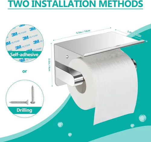 Miniatura 2 de Portarrollos de papel higiénico autoadhesivo o atornillado con estante para teléfono, soporte para rollos de papel higiénico de acero inoxidable SUS