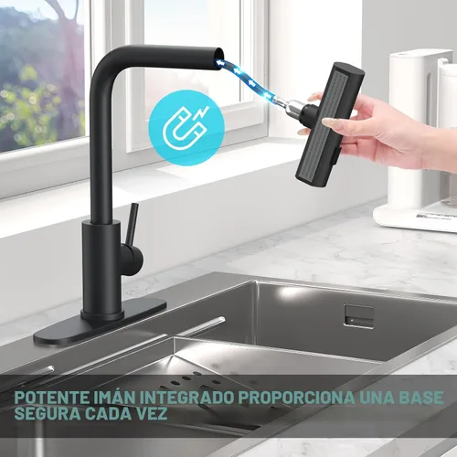 Miniatura 6 de AVSIILE Grifos de cocina en cascada de color negro mate con rociador desplegable y dispensador de jabón, un solo orificio y mango, grifo extraíble