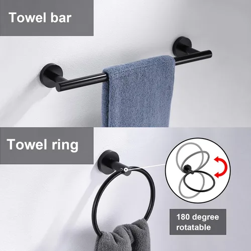 Miniatura 5 de Juego de 6 piezas de accesorios de ferretería de baño negro mate, anillo para toalla de mano, barra redonda para toallas de 16 y 23.6 pulgadas