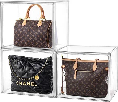 Miniatura 20 de HBlife Paquete de 3 organizadores de almacenamiento de bolsos para armario, caja de exhibición mediana transparente apilable con puerta magnética