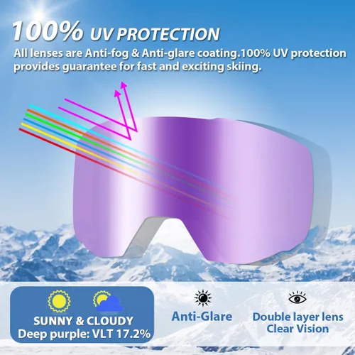 Miniatura 4 de EXP VISION Gafas de esquí/snowboard para hombres y mujeres, gafas de nieve OTG antiniebla con protección UV Marco Negro Púrpura