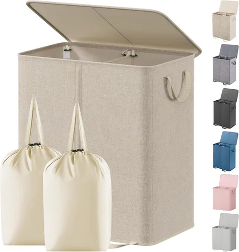 Miniatura 34 de Lifewit Cesta de lavandería doble con tapa y bolsas de lavandería extraíbles, gran plegable, 2 divisores, cesta de ropa sucia con asas para Negro