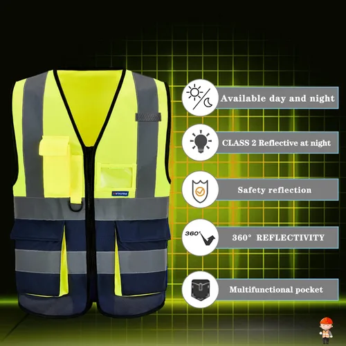 Miniatura 5 de A-SAFETY Chaleco de seguridad de alta visibilidad con 4 tiras reflectantes y 7 bolsillos, color amarillo y azul marino, talla XS