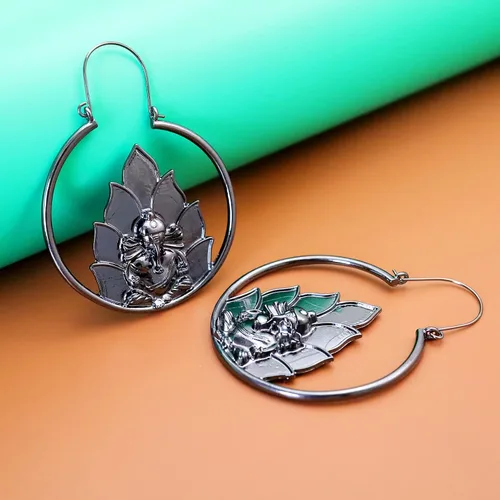 Miniatura 7 de RechicGu Ethnic Bali Jhumka Jhumki Lotus Mexico Gypsy - Aretes colgantes tradicionales con caja de regalo (elefante negro), Metal Concha