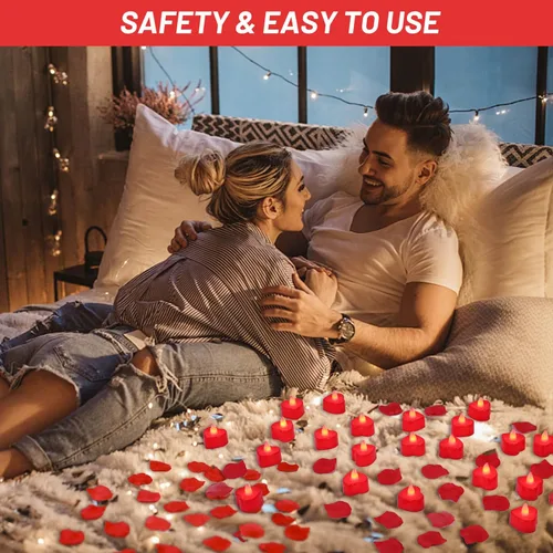 Miniatura 7 de Cridoz - Pétalos de rosa artificiales para noche romántica - Pétalos de rosa roja artificiales con velas LED para decoración, boda, día de San Rojo