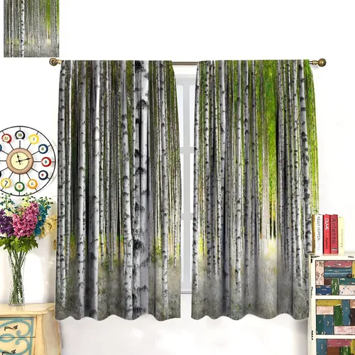 Miniatura 3 de Cortina opaca de bosque de verano, diseño de ramas de bosque, con bolsillo para barra, cortinas farbic con bolsillo para barra, comedor, cafetería