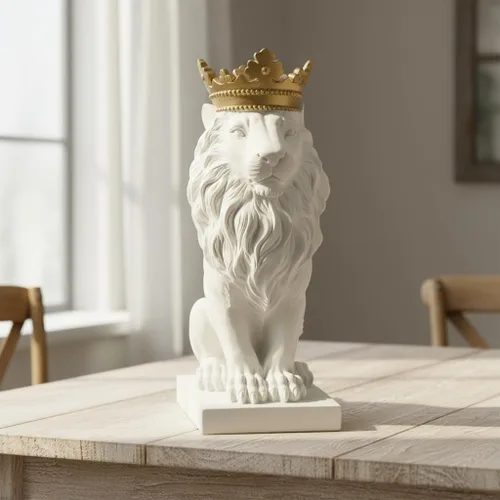 Miniatura 4 de Comfy Hour Estatua de león grande de 16 pulgadas con corona dorada, figura decorativa blanca felina para estante de oficina en casa, escultura