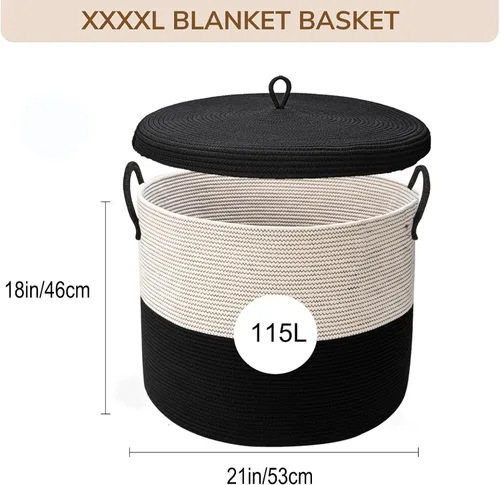 Miniatura 8 de Cestas de almacenamiento extra grandes de 21 x 18 pulgadas, cestas de cuerda ecológicas con tapa, cesta de manta para sala de estar con tapa, cestas