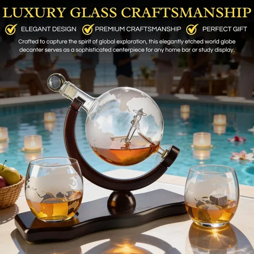 Miniatura 3 de Decantador del mundo grabado con globo de whisky, juego de regalo de whisky The Wine Savant con avión antiguo, piedras de whisky y 2 vasos de mapa