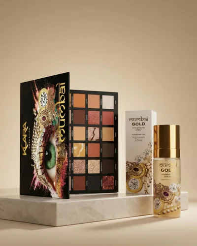 Klara Cosmetics Mumbai Beauty Set - Exquisita paleta de sombras de ojos, lujoso dúo de spray corporal dorado