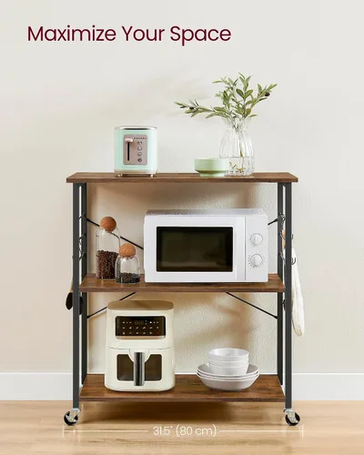 Miniatura 3 de VASAGLE Estante de cocina con ruedas, carrito de servicio de 31.5 pulgadas con 3 estantes, carrito de cocina, estante de microondas, para mini