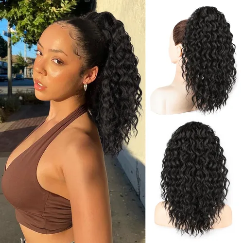 AISI BEAUTY Extensión de cola de caballo rizada, 16 pulgadas, color marrón y negro, extensión de cola de caballo para mujeres negras, extensiones