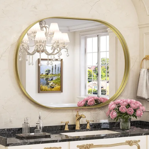 Miniatura 29 de Brightify - Espejo ovalado dorado para tocador de baño de 20x30 pulgadas, espejos de marco de metal dorado para pared, espejo moderno