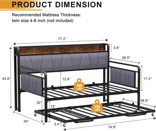 Miniatura 3 de Sofá cama individual con nido, moderno sofá cama individual, marco de cama de metal resistente con cabecera tapizada para sala de estar, dormitorio