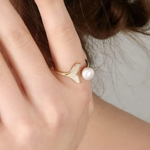 Miniatura 9 de Detalle Anillo de cola de sirena de ballena de la suerte de oro de 18 quilates 4A Embalaje de concha real Abierto Ajustable BlancoRosaRosa Púrpura