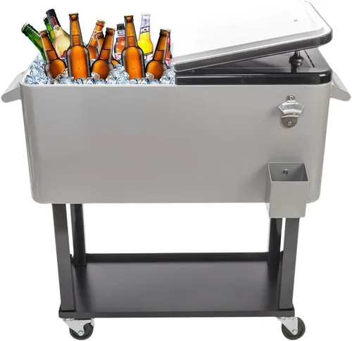 SSLine Enfriador portátil para patio con ruedas, carrito de barra de bebidas frías al aire libre con estante de almacenamiento y abridor de Gris