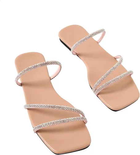 Miniatura 6 de GORGLITTER Sandalias planas con diamantes de imitación para mujer con tiras y puntera abierta