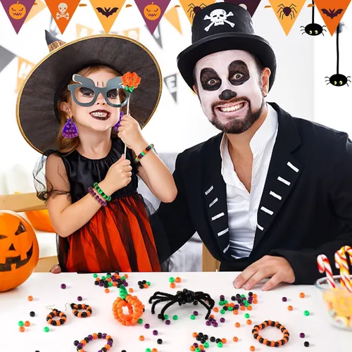 Miniatura 7 de UPINS Cuentas de pony de Halloween, 1200 piezas de cuentas de plástico redondas en negro, púrpura, naranja y verde para hacer joyas, decoración de 4