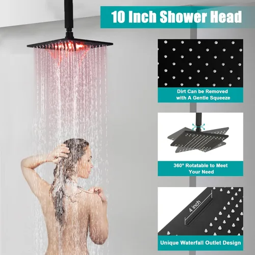 Miniatura 4 de SKOWLL Sistema de ducha de montaje en techo, cabezal de ducha LED de 10 pulgadas con mano, sistema de ducha de baño de lluvia de alta presión, juego