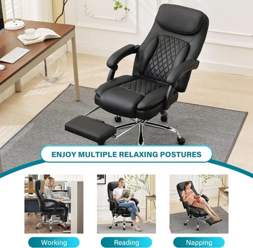 Miniatura 7 de Silla de oficina de masaje de 6 puntos con silla de oficina térmica y ergonómica con reposapiés y respaldo alto reclinable de 45°, silla de oficina