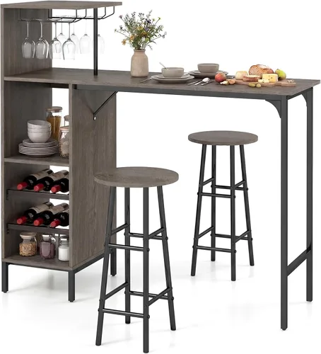 Miniatura 11 de Giantex Juego de mesa de bar y taburetes de 3 piezas, juego de mesa de bistró con soporte para vidrio, estante de vino de 2 niveles y estantes