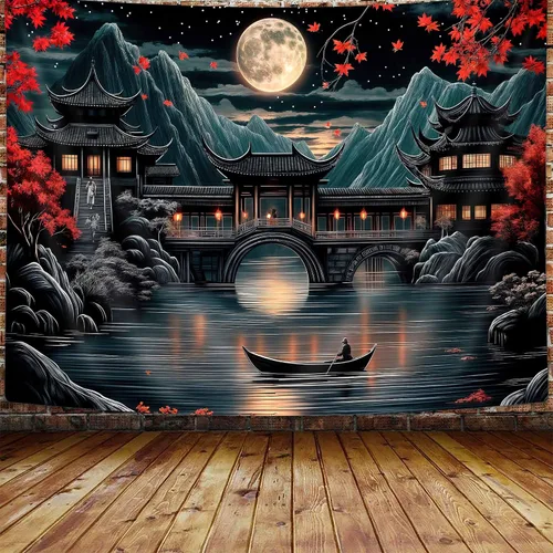 Miniatura 8 de Uokiuki Tapiz de anime japonés, tapiz de luna llena de luna llena de luna llena negro y rojo para colgar en la pared, tapiz estético de paisaje