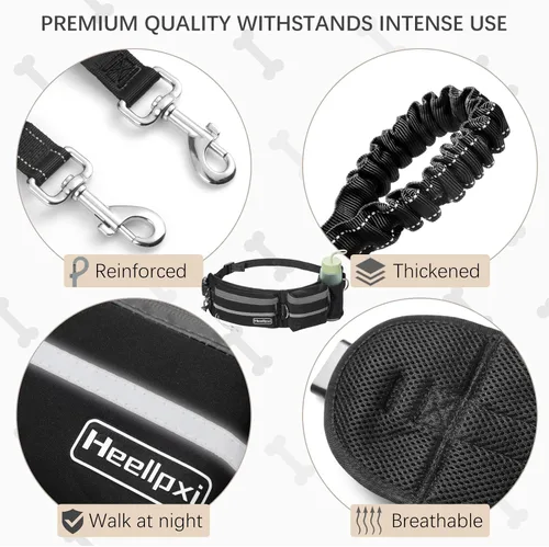 Miniatura 5 de Correa para perro con cinturón, costuras reflectantes, asas dobles, diseño retráctil elástico, perfecto para correr, negro, adecuado para perros